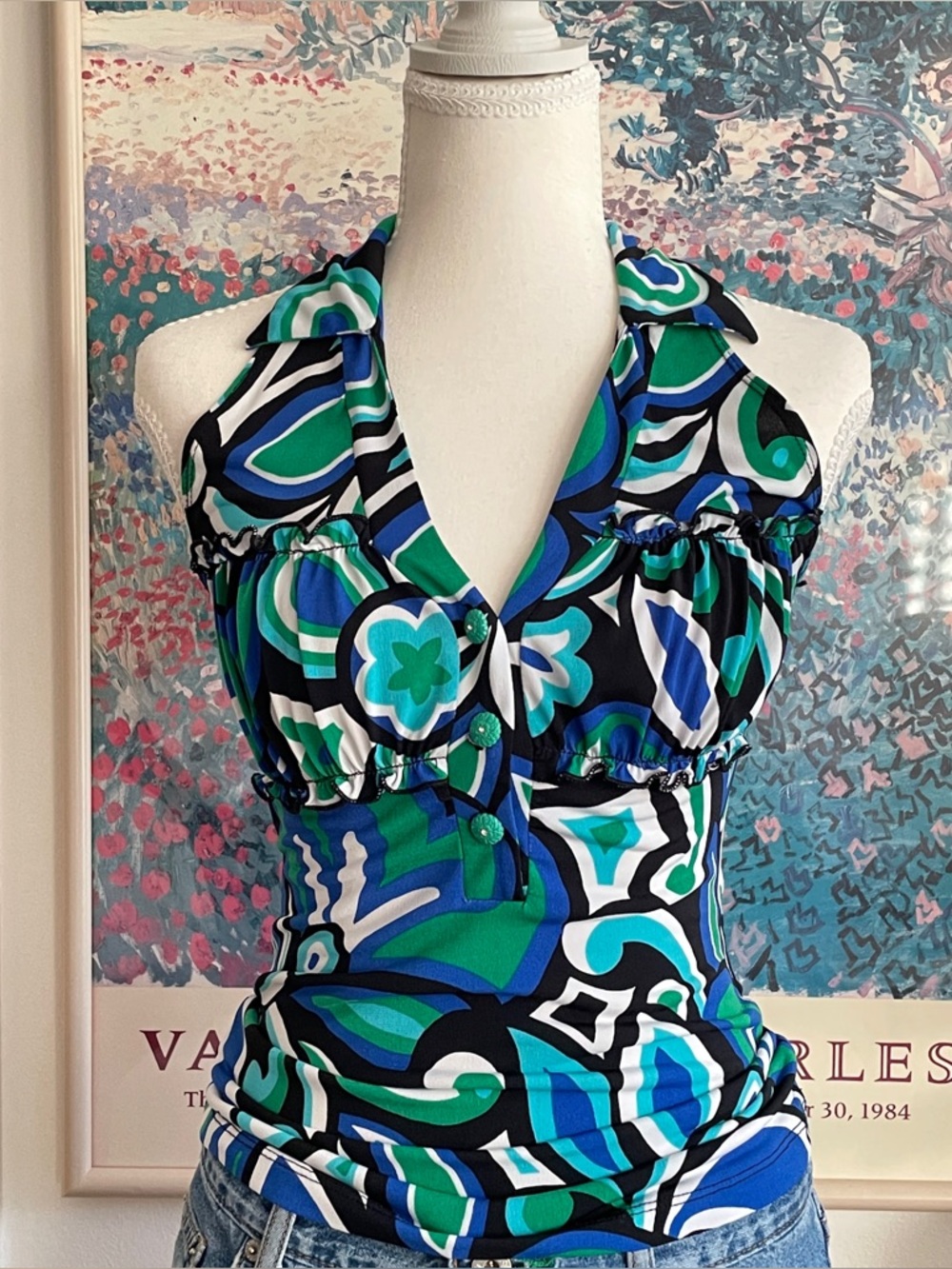 Vintage Y2K XOXO Floral Halter Top Small Ruffles Green Blue Fairy Boho Summer